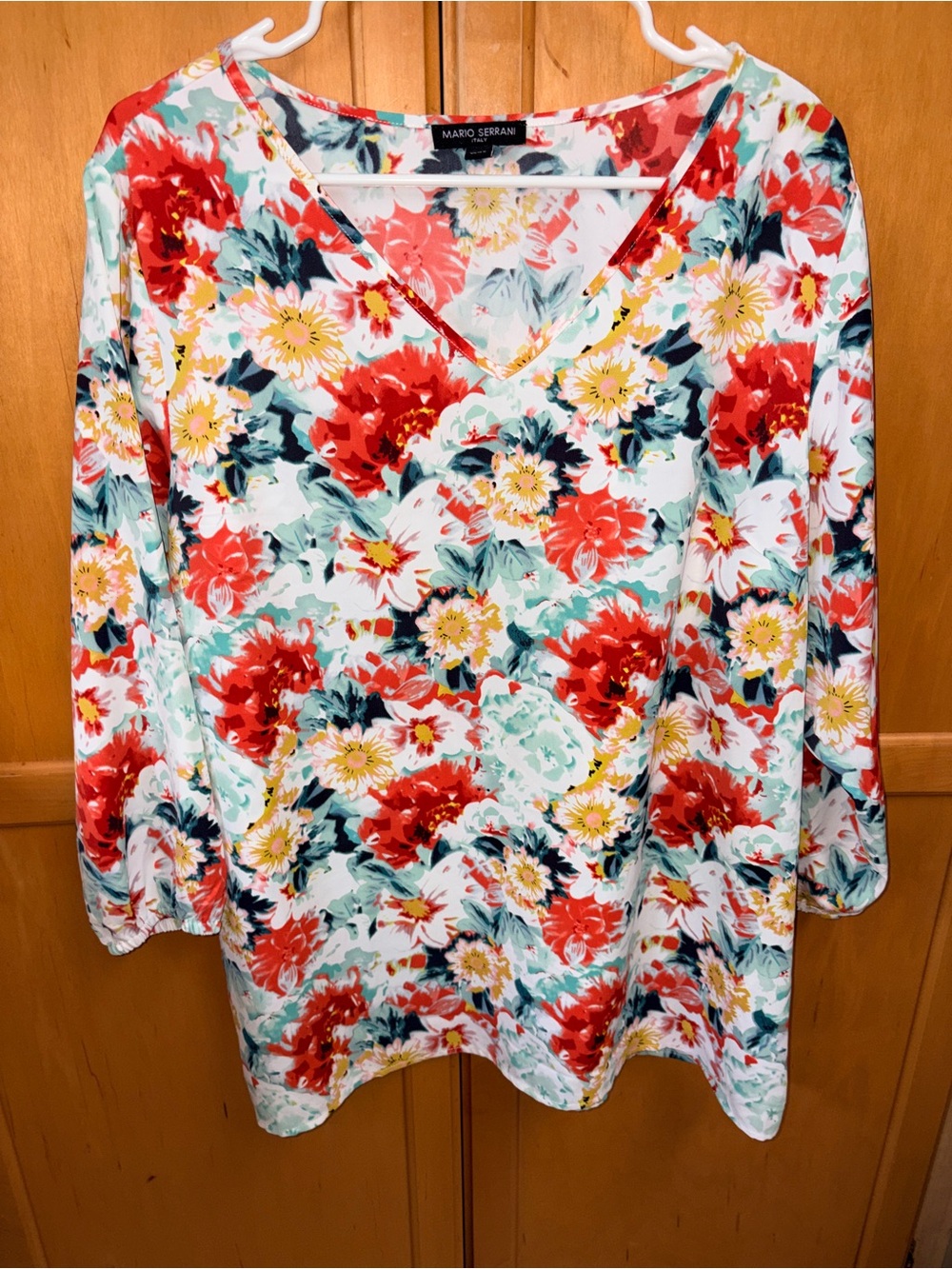 Mario Serrani Mint Floral V-Neck Tunic with Red & Yellow Blooms
